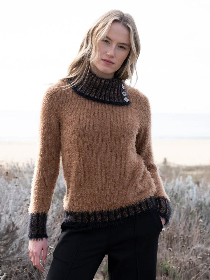 Tobacco Button Cowl Eyelash Sweater