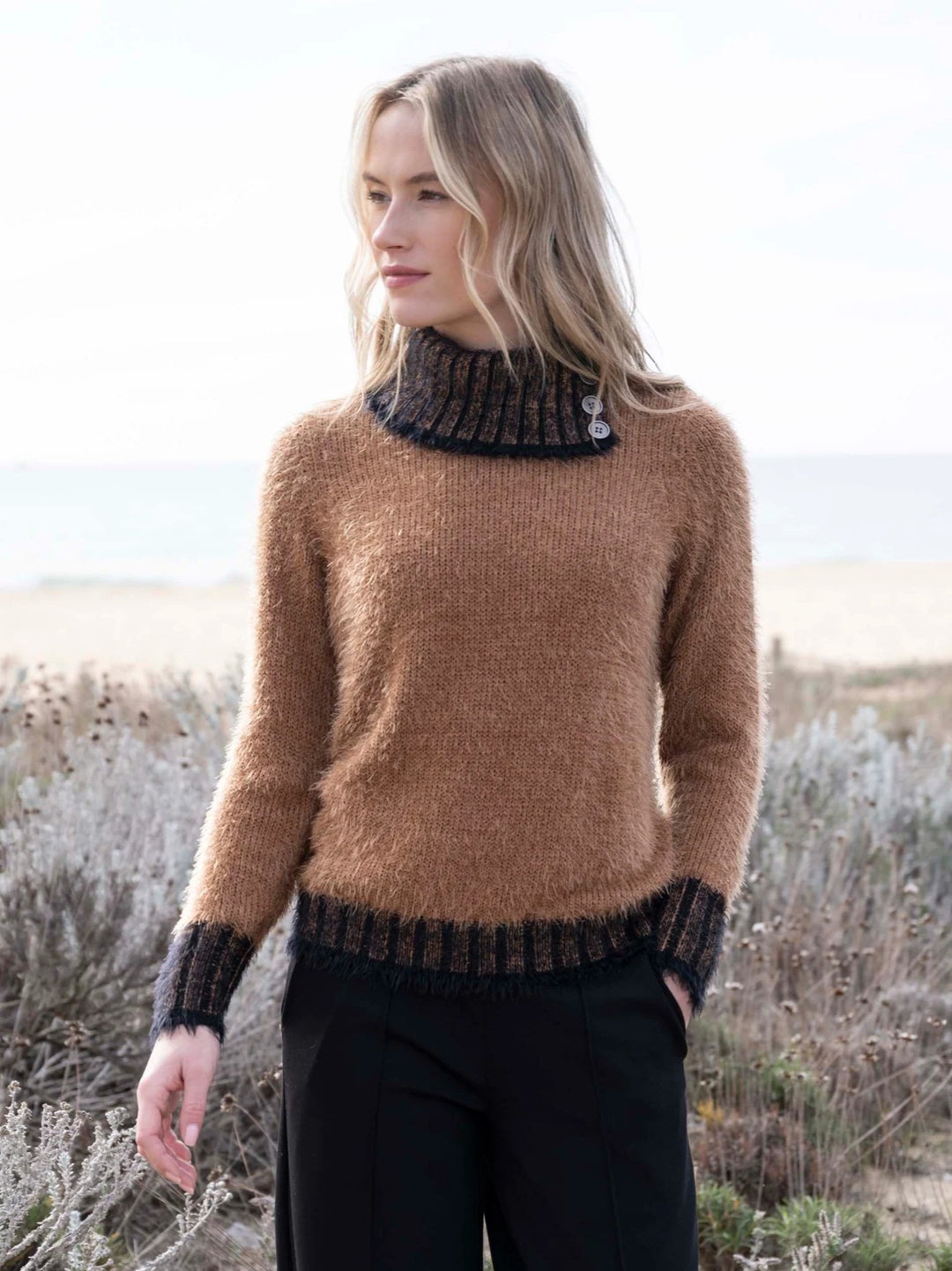 Tobacco Button Cowl Eyelash Sweater