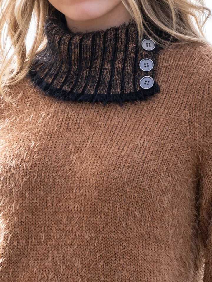 Tobacco Button Cowl Eyelash Sweater