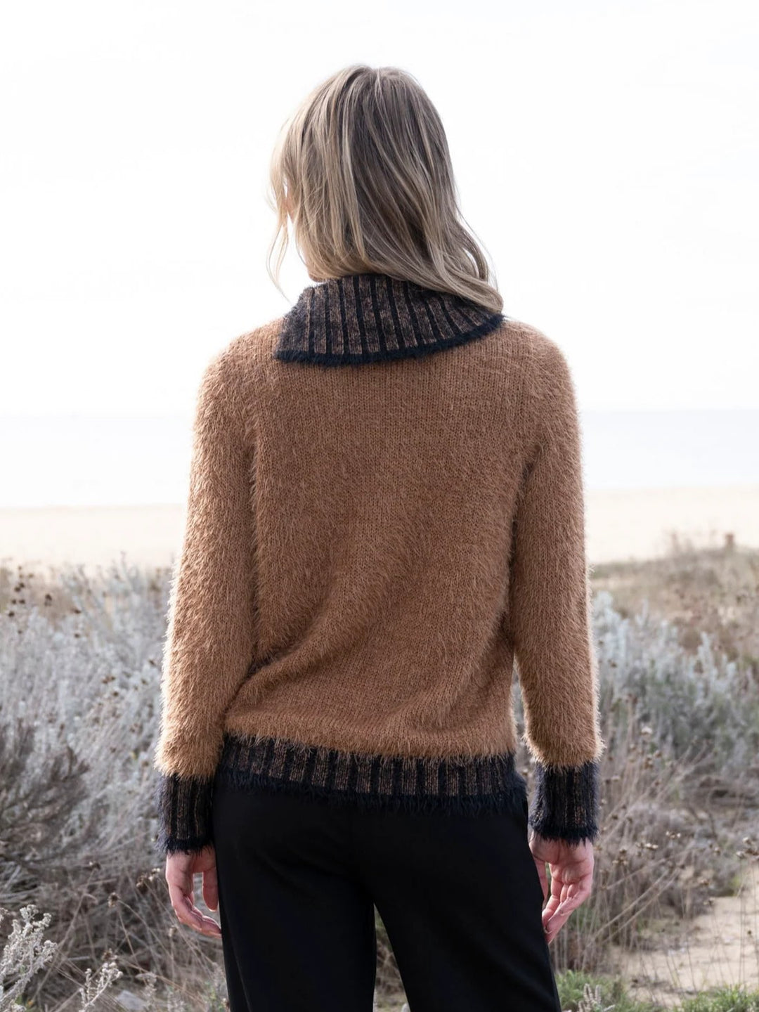 Tobacco Button Cowl Eyelash Sweater