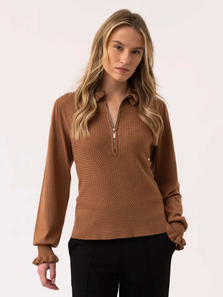 Tobacco Ruffle Accent Half Zip Sweater