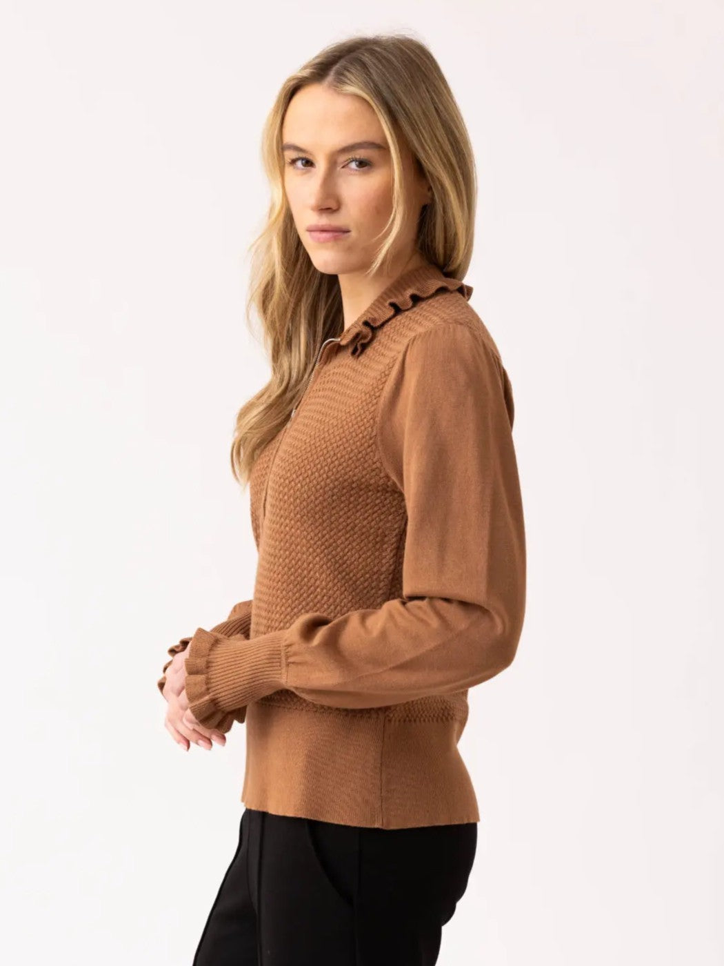Tobacco Ruffle Accent Half Zip Sweater