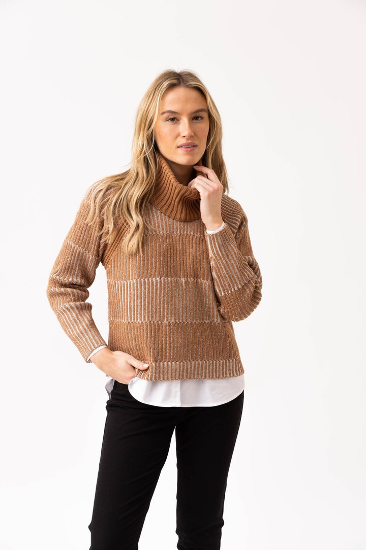 Tobacco Striped Rib Knit Sweater with Removeable Cowl