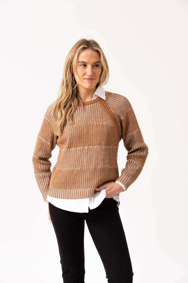 Tobacco Striped Rib Knit Sweater with Removeable Cowl
