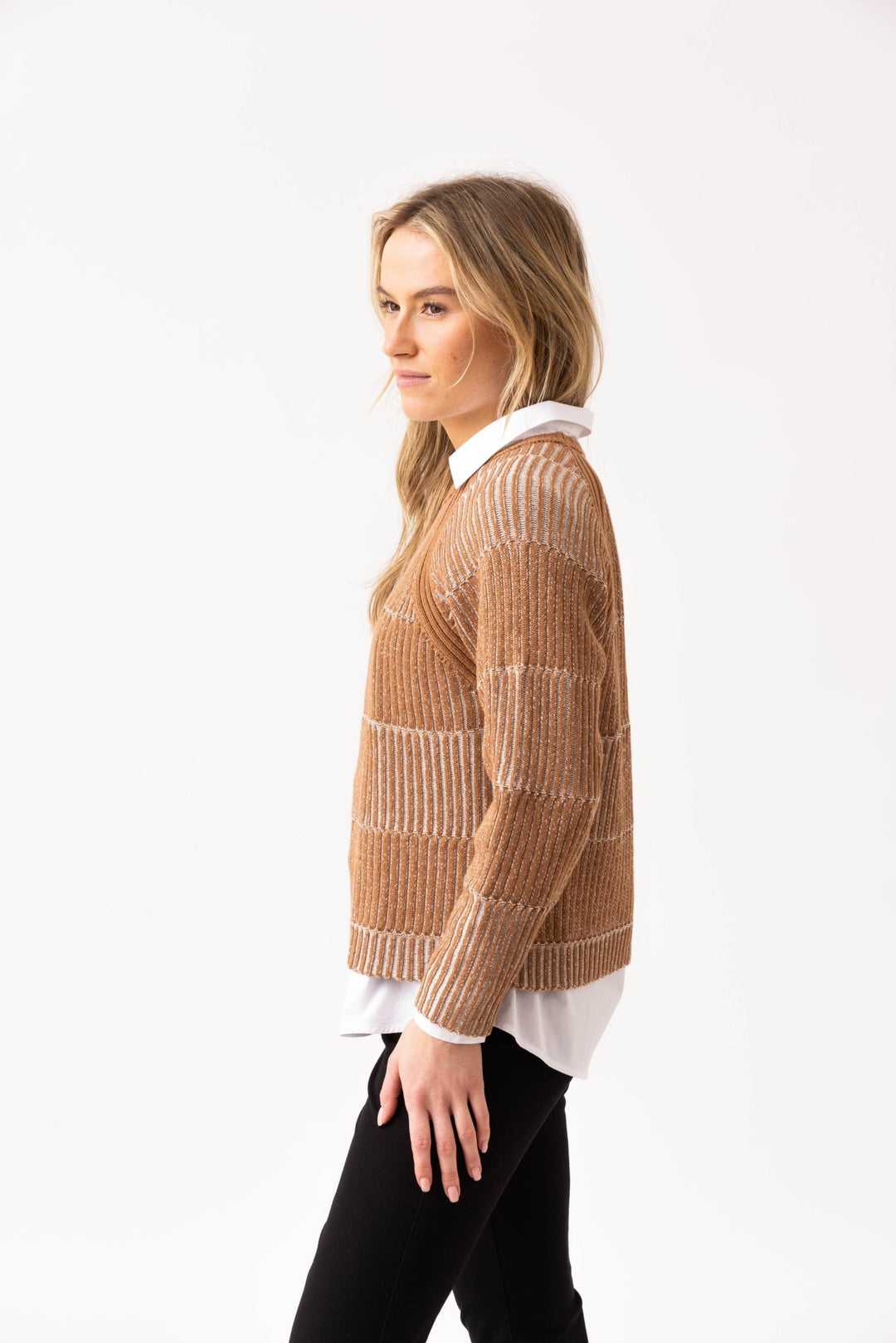 Tobacco Striped Rib Knit Sweater with Removeable Cowl