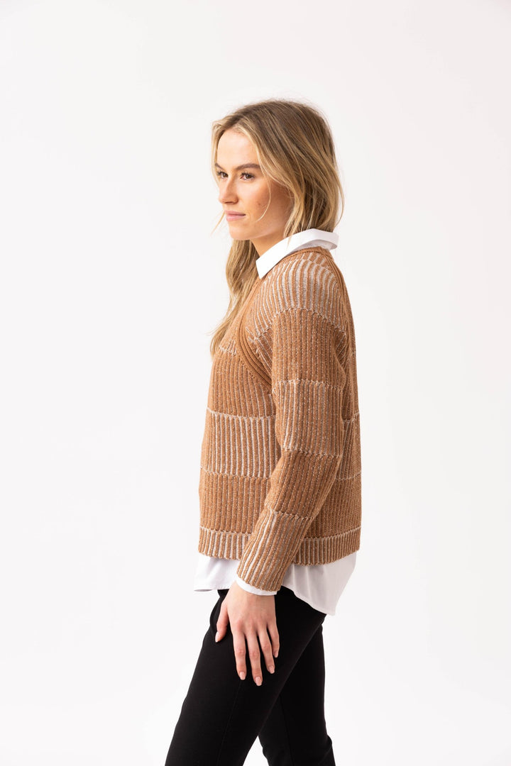 Tobacco Striped Rib Knit Sweater with Removeable Cowl