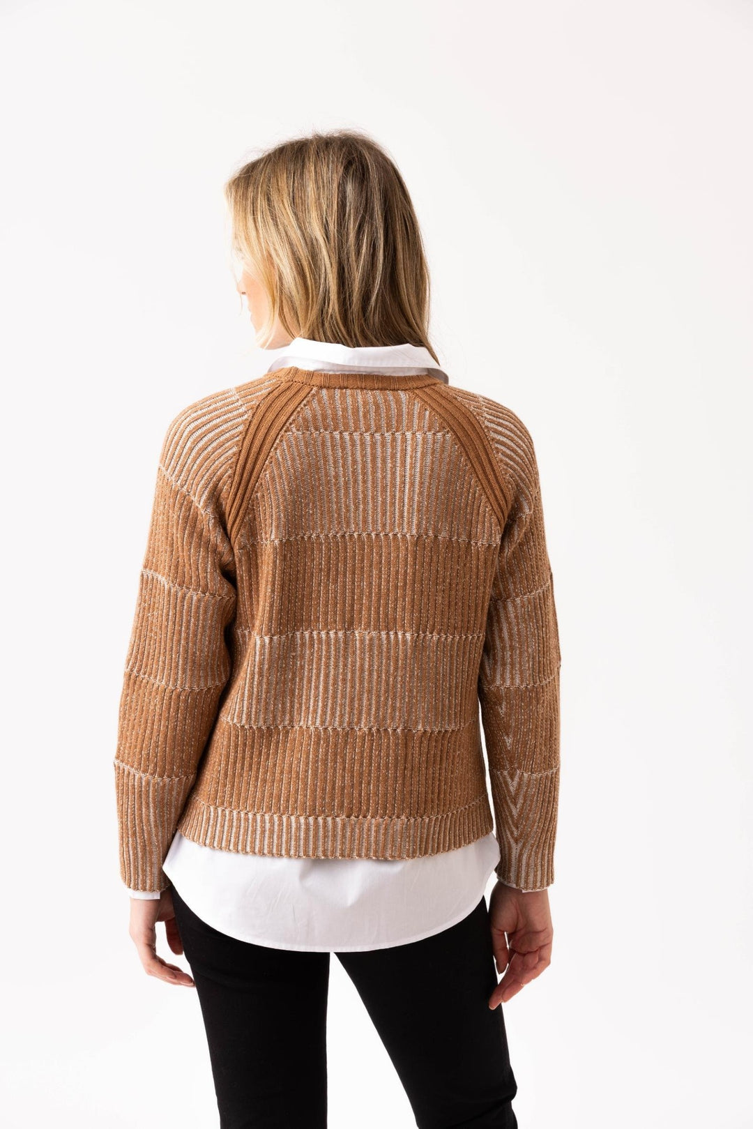 Tobacco Striped Rib Knit Sweater with Removeable Cowl