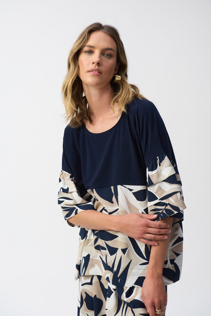Tropical Print Boxy Top With Pleated Sleeve