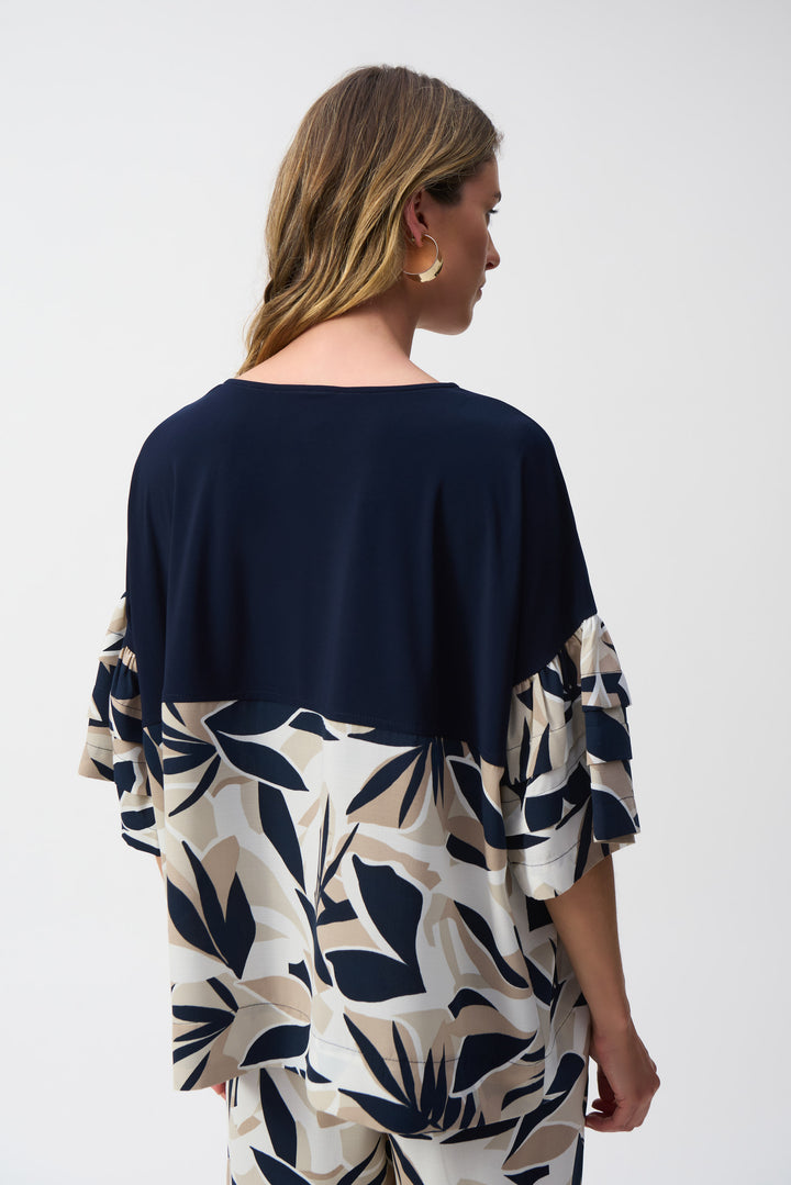 Tropical Print Boxy Top With Pleated Sleeve