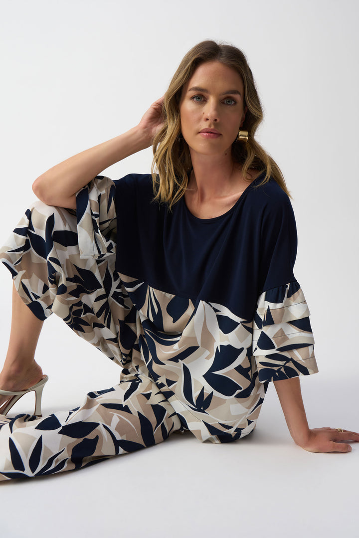 Tropical Print Boxy Top With Pleated Sleeve