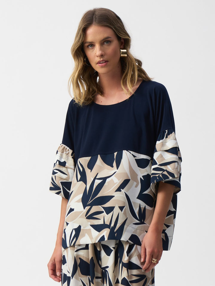 Tropical Print Boxy Top With Pleated Sleeve