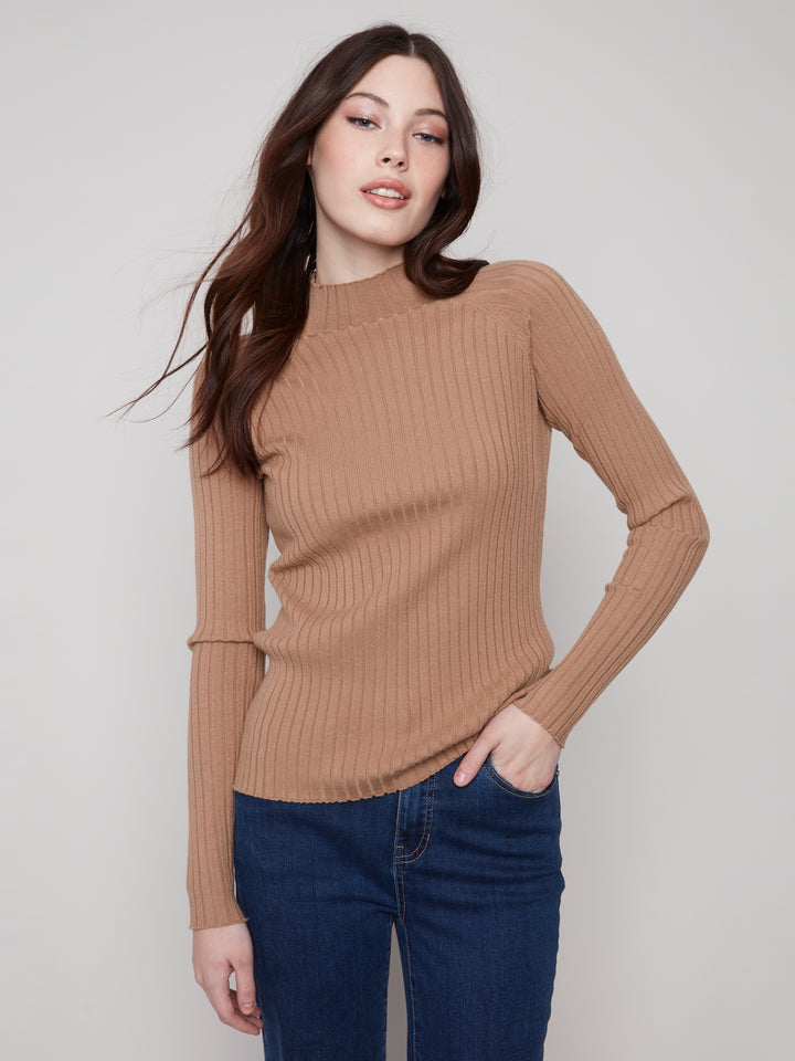 Truffle Essential Mock Neck Ribbed Sweater