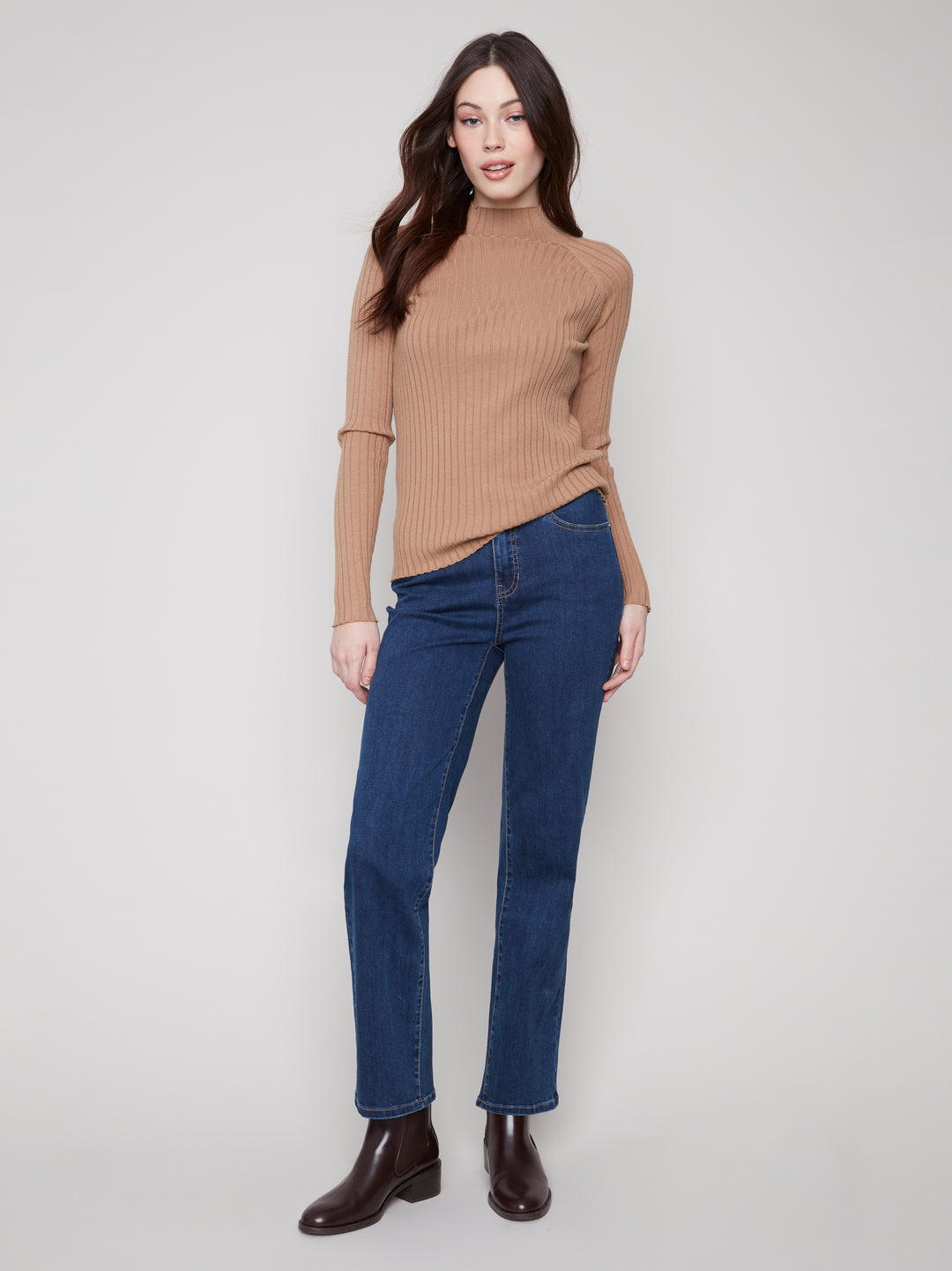 Truffle Essential Mock Neck Ribbed Sweater