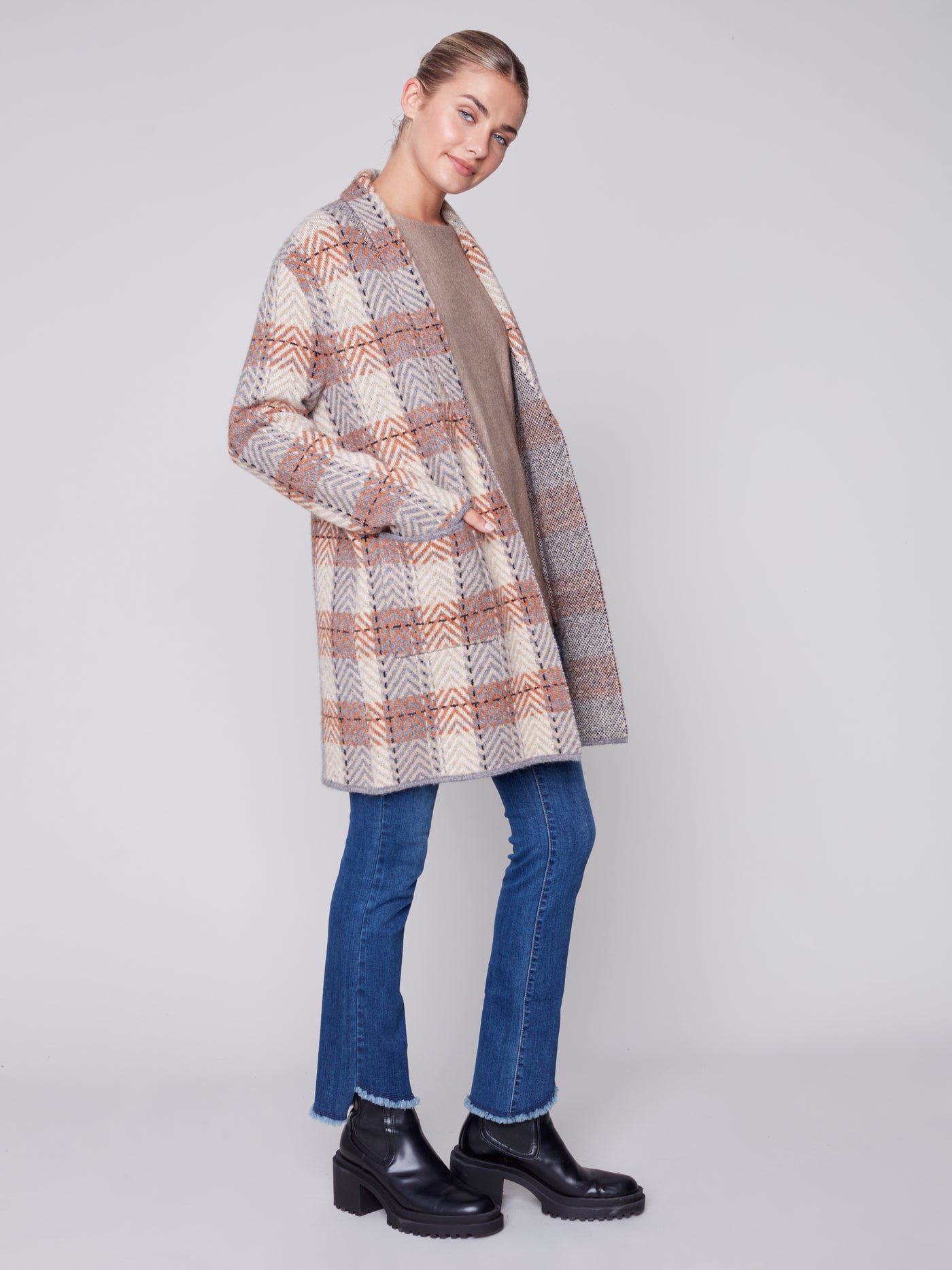 Truffle Plaid Shawl Collar Cardigan