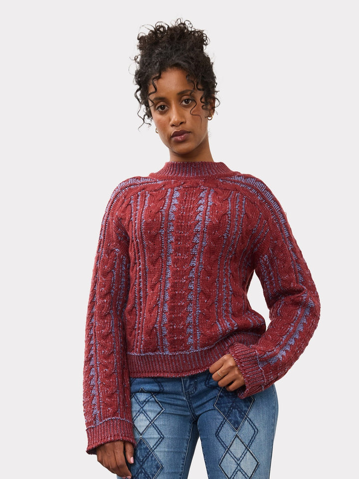 Two Tone Wine and Indigo Cable Knit Sweater
