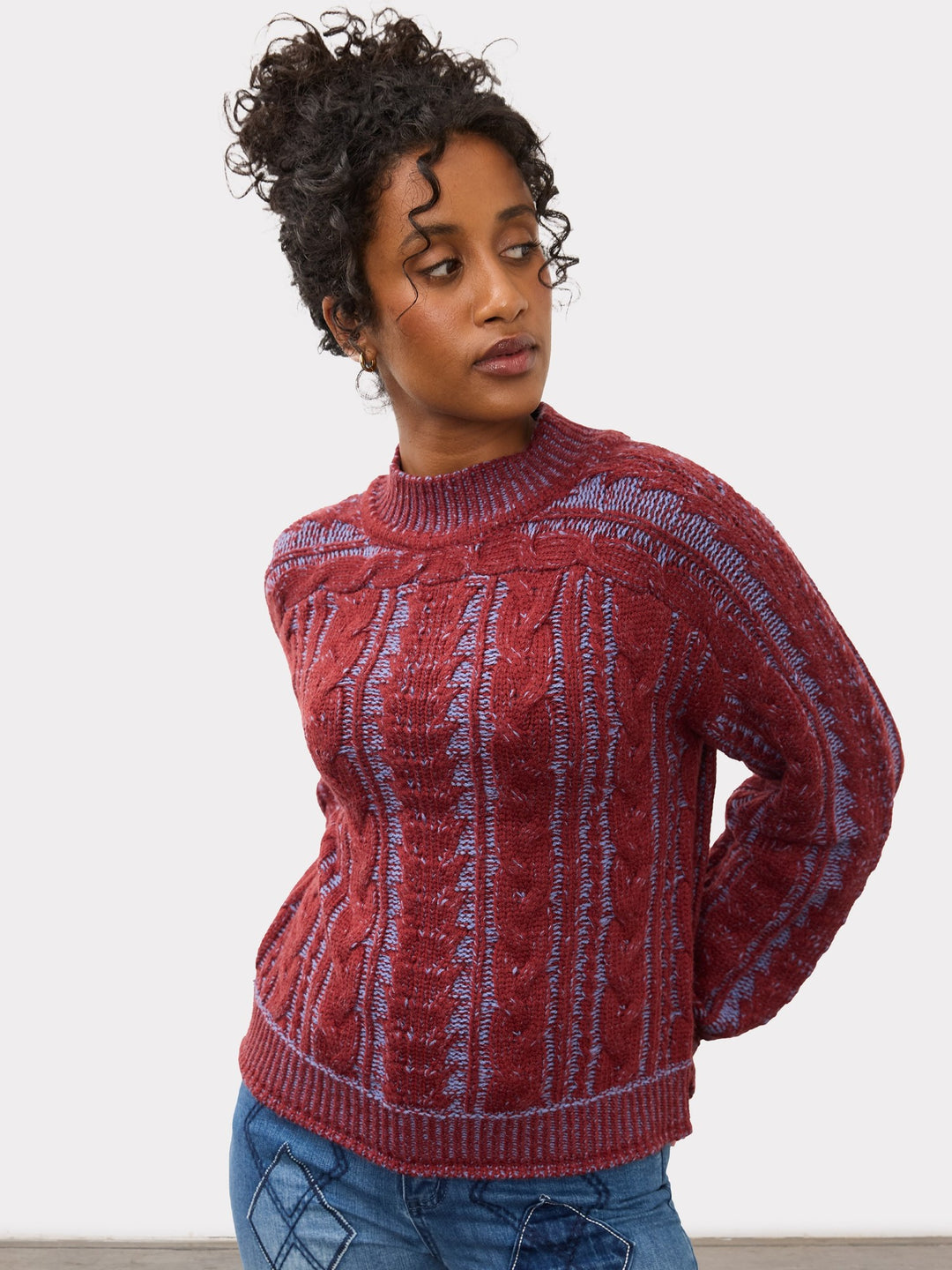 Two Tone Wine and Indigo Cable Knit Sweater