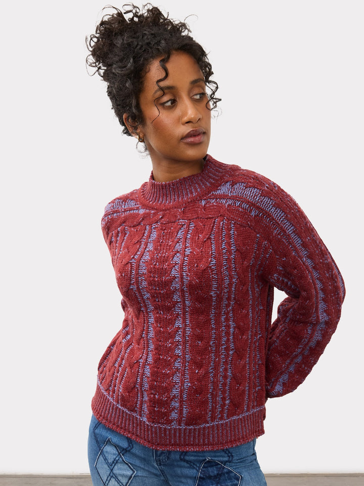 Two Tone Wine and Indigo Cable Knit Sweater