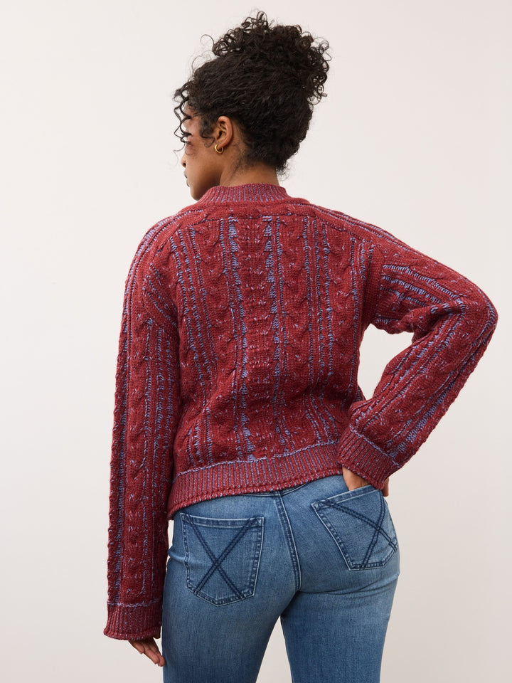 Two Tone Wine and Indigo Cable Knit Sweater
