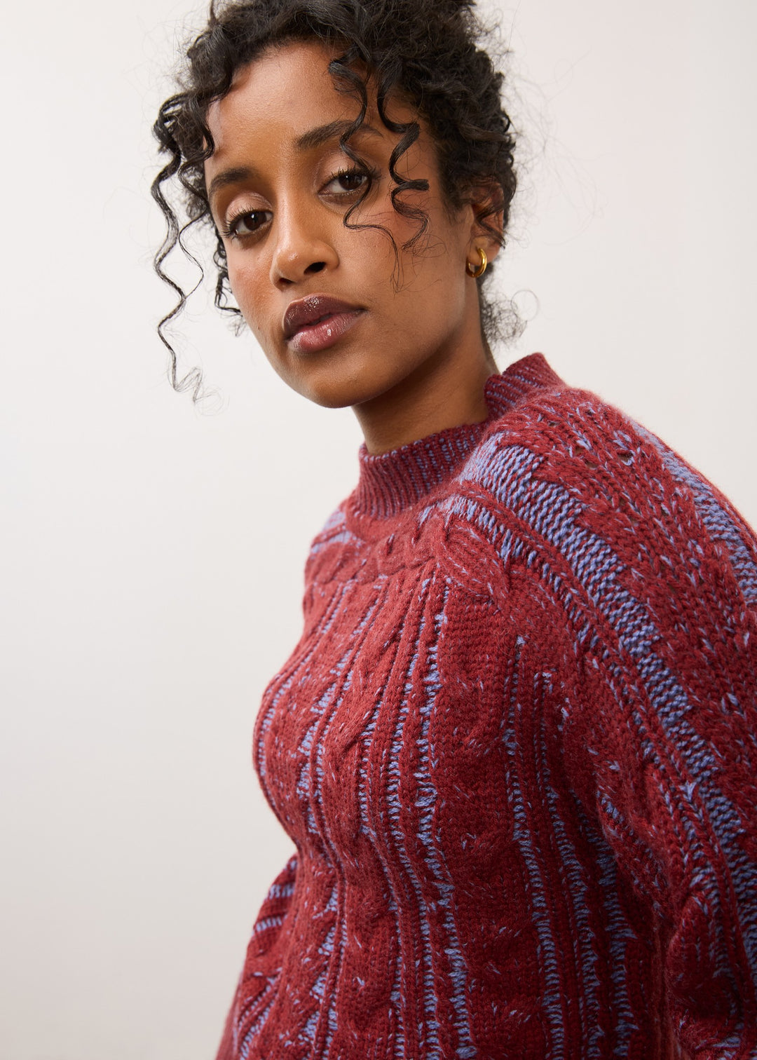Two Tone Wine and Indigo Cable Knit Sweater
