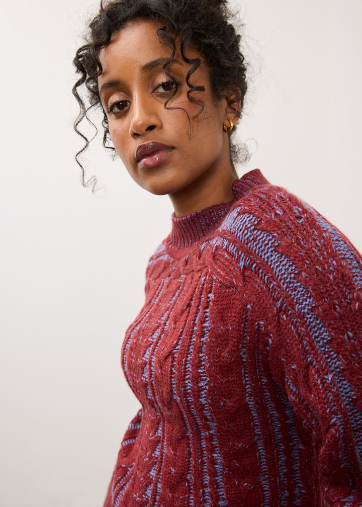 Two Tone Wine and Indigo Cable Knit Sweater