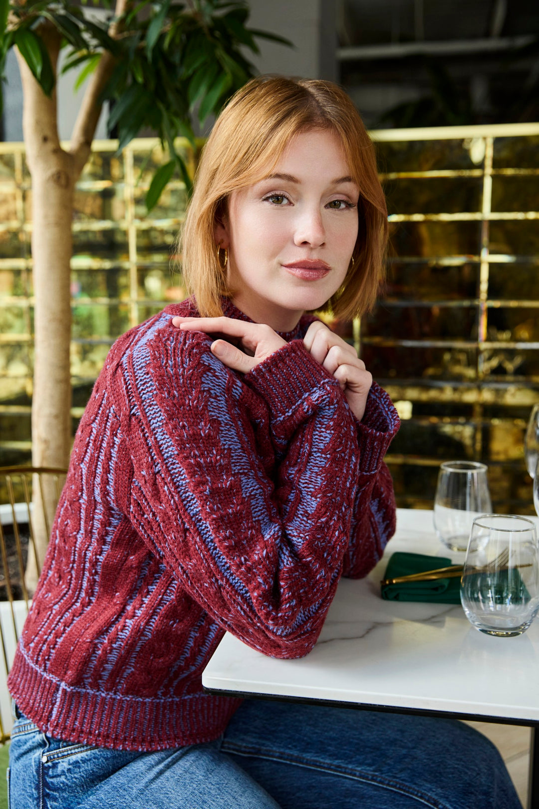 Two Tone Wine and Indigo Cable Knit Sweater