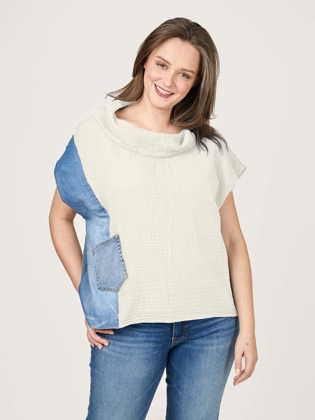 Valetta Cream Cotton Gauze and Denim Top