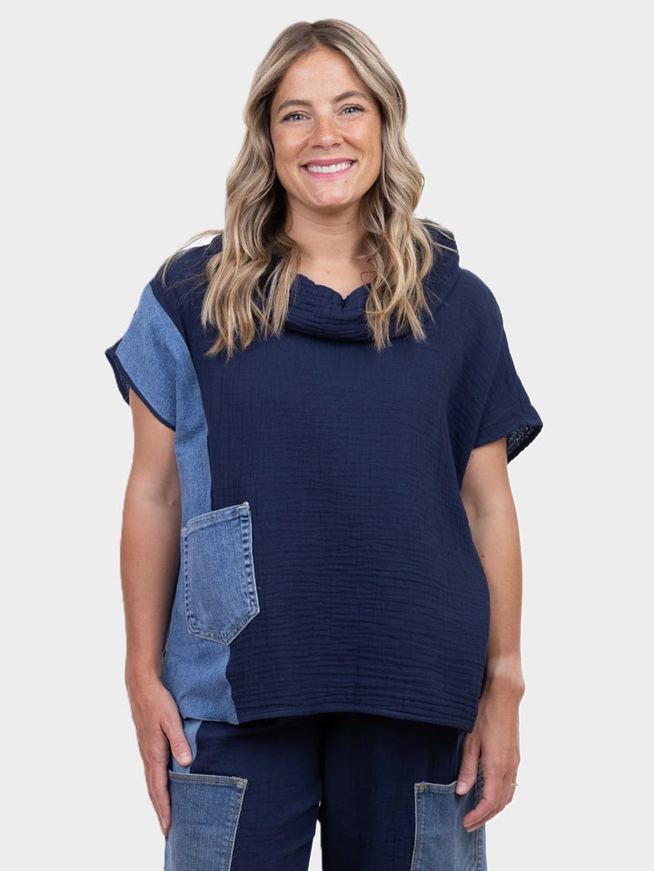 Valetta Navy Gauze Denim Detail Top