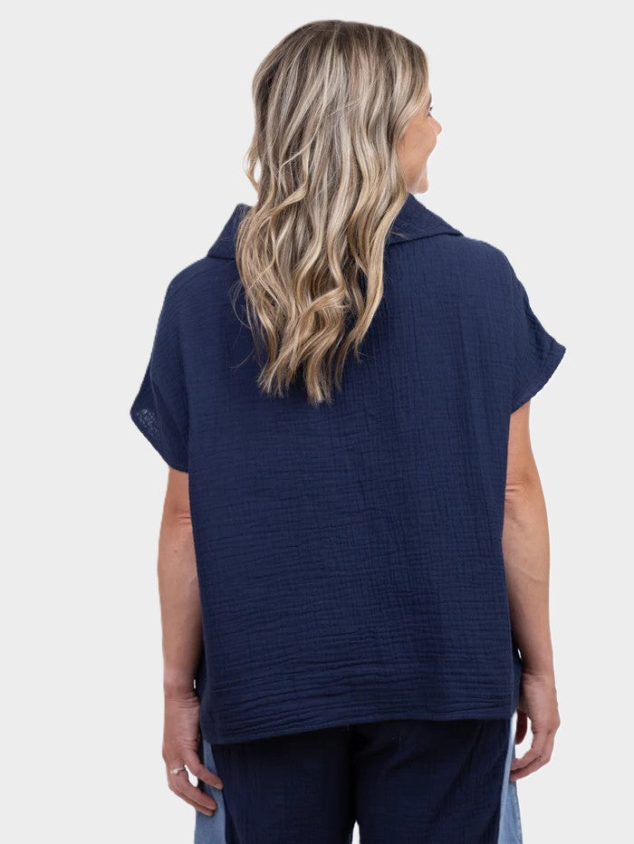 Valetta Navy Gauze Denim Detail Top