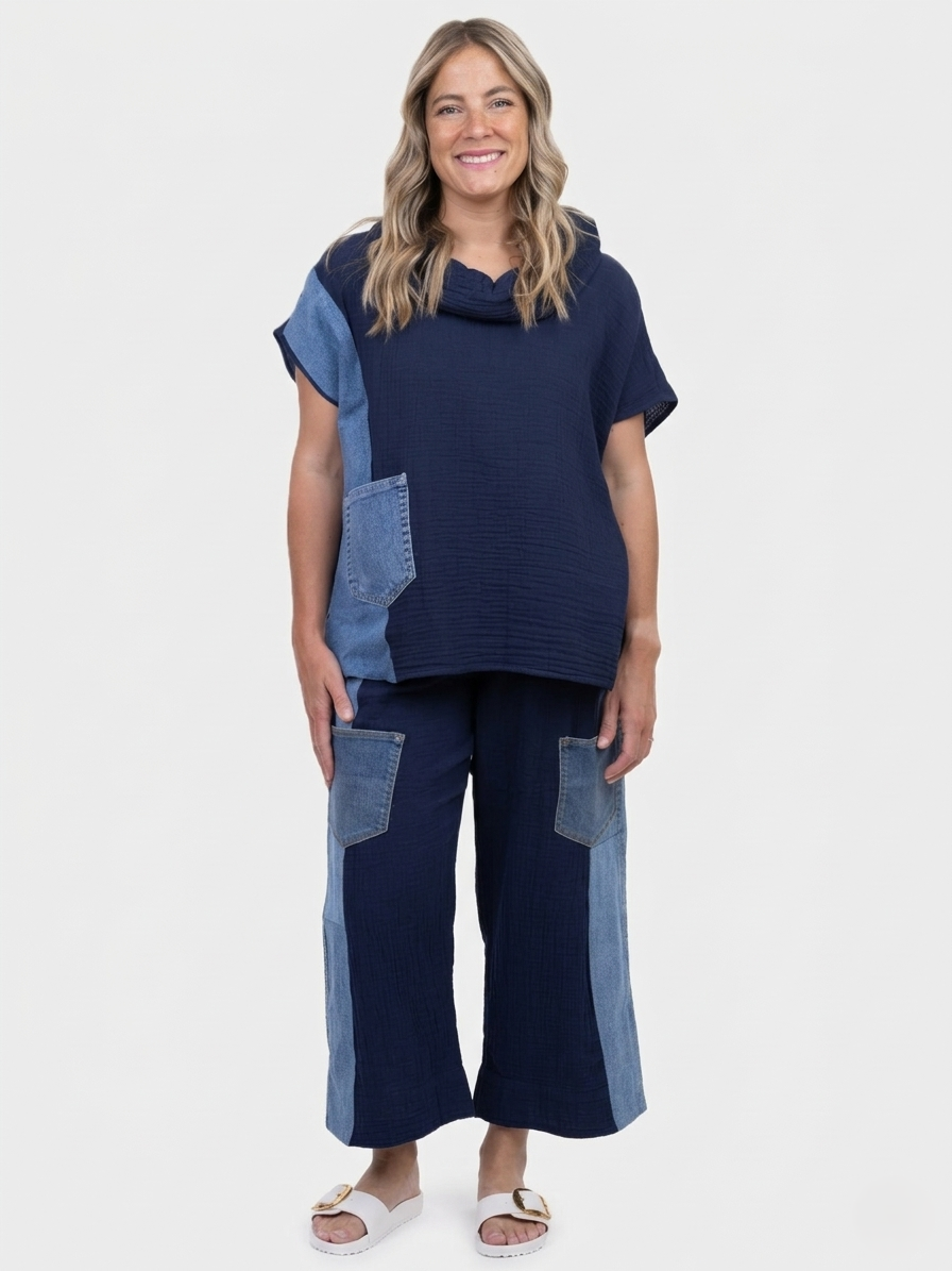 Valetta Navy Gauze Denim Detail Top