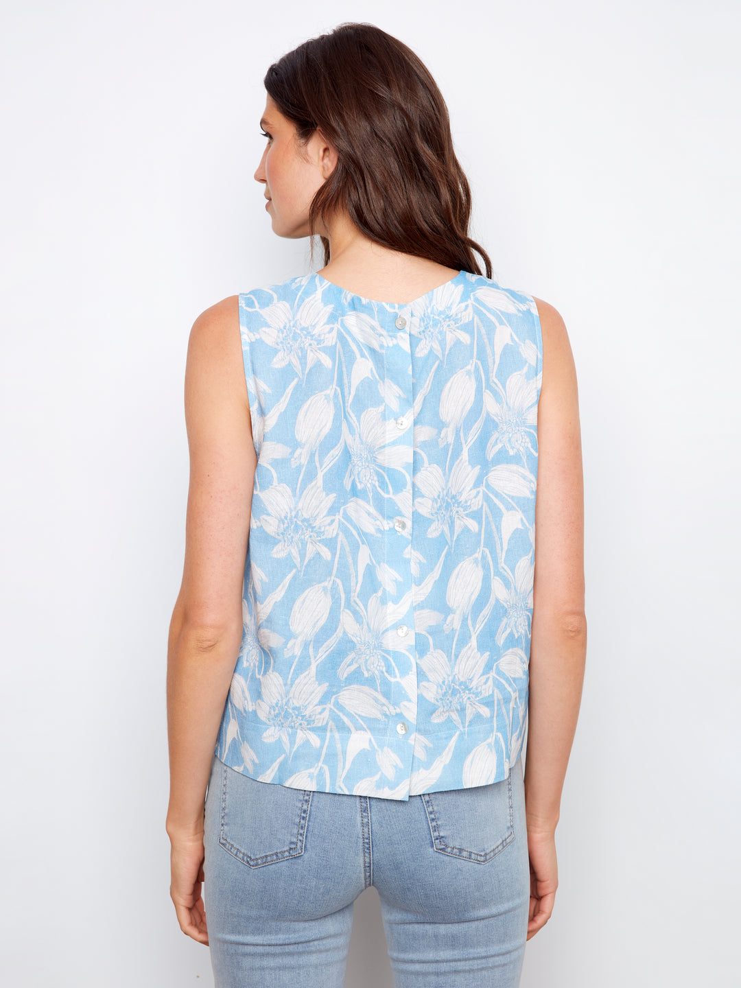 Veranda Print Top With Back Button Detail