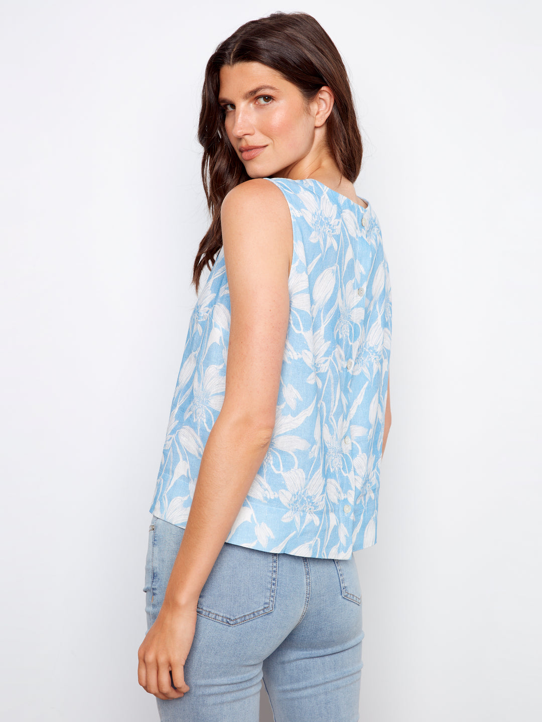 Veranda Print Top With Back Button Detail