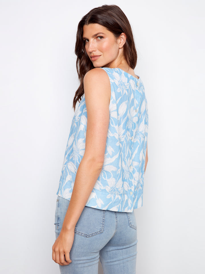 Veranda Print Top With Back Button Detail