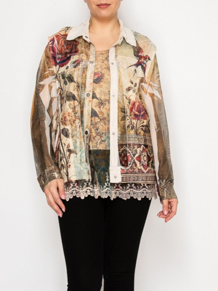 Vintage Bird Faux Suede Jacket with Mesh Trim