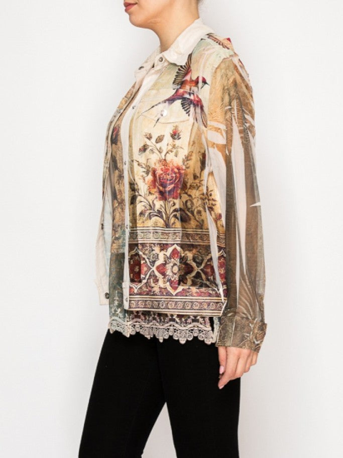 Vintage Bird Faux Suede Jacket with Mesh Trim