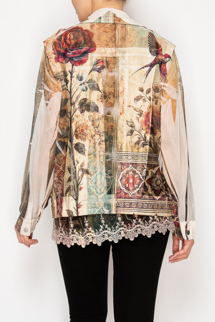 Vintage Bird Faux Suede Jacket with Mesh Trim