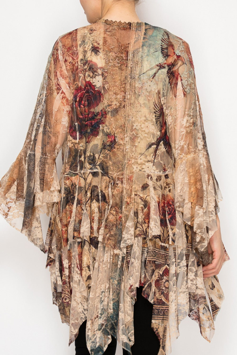 Vintage Bird Lace Cardigan with Tiered Ruffles