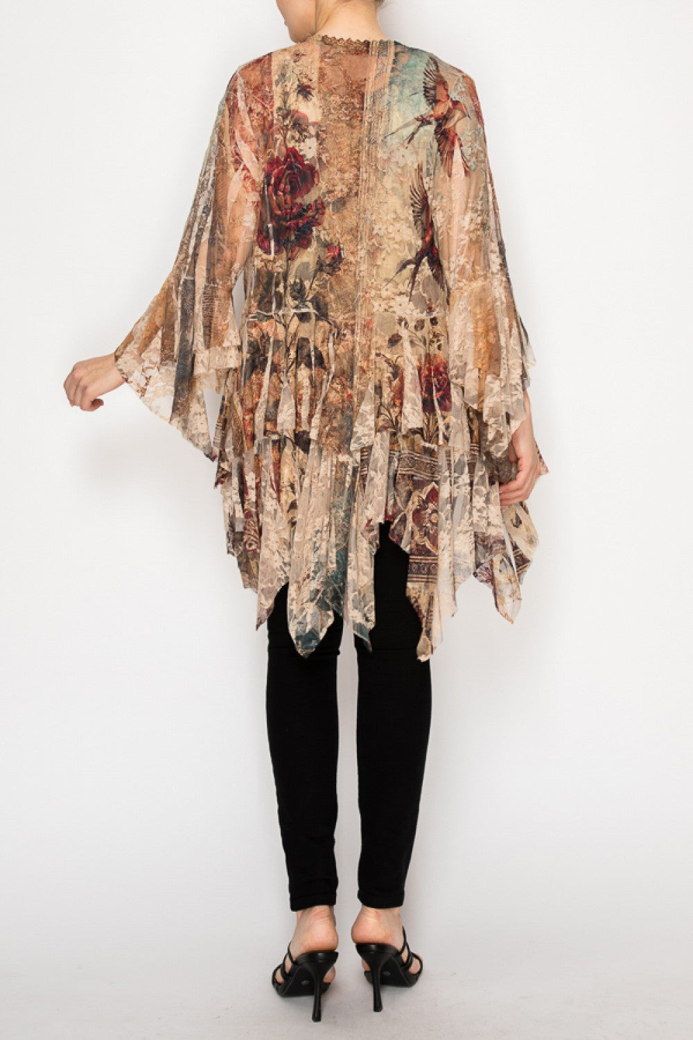 Vintage Bird Lace Cardigan with Tiered Ruffles
