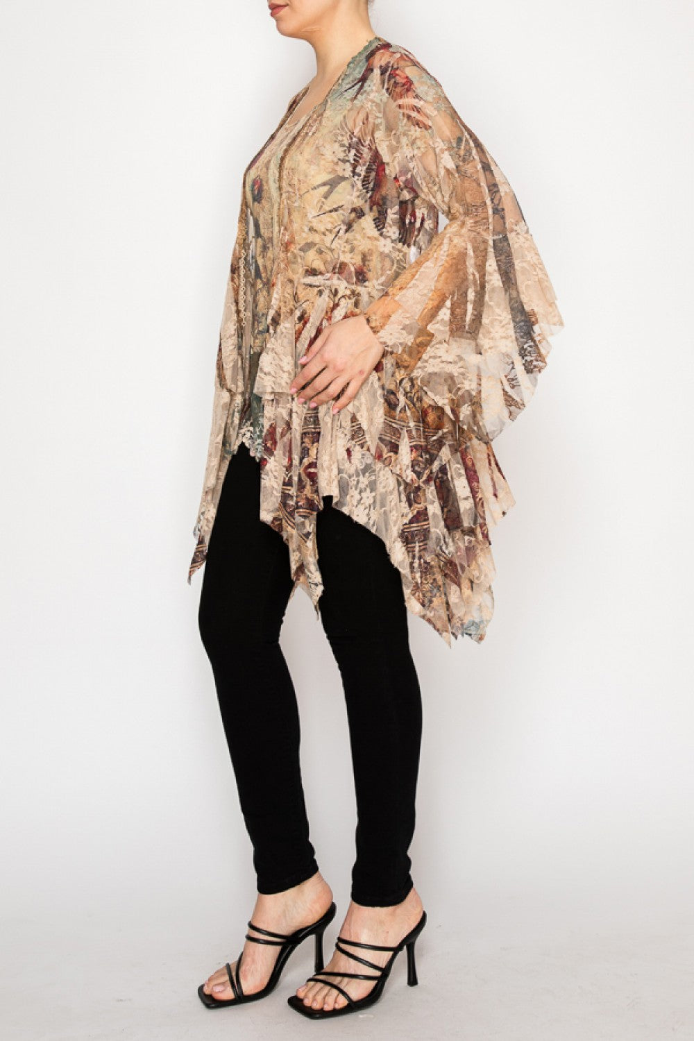 Vintage Bird Lace Cardigan with Tiered Ruffles