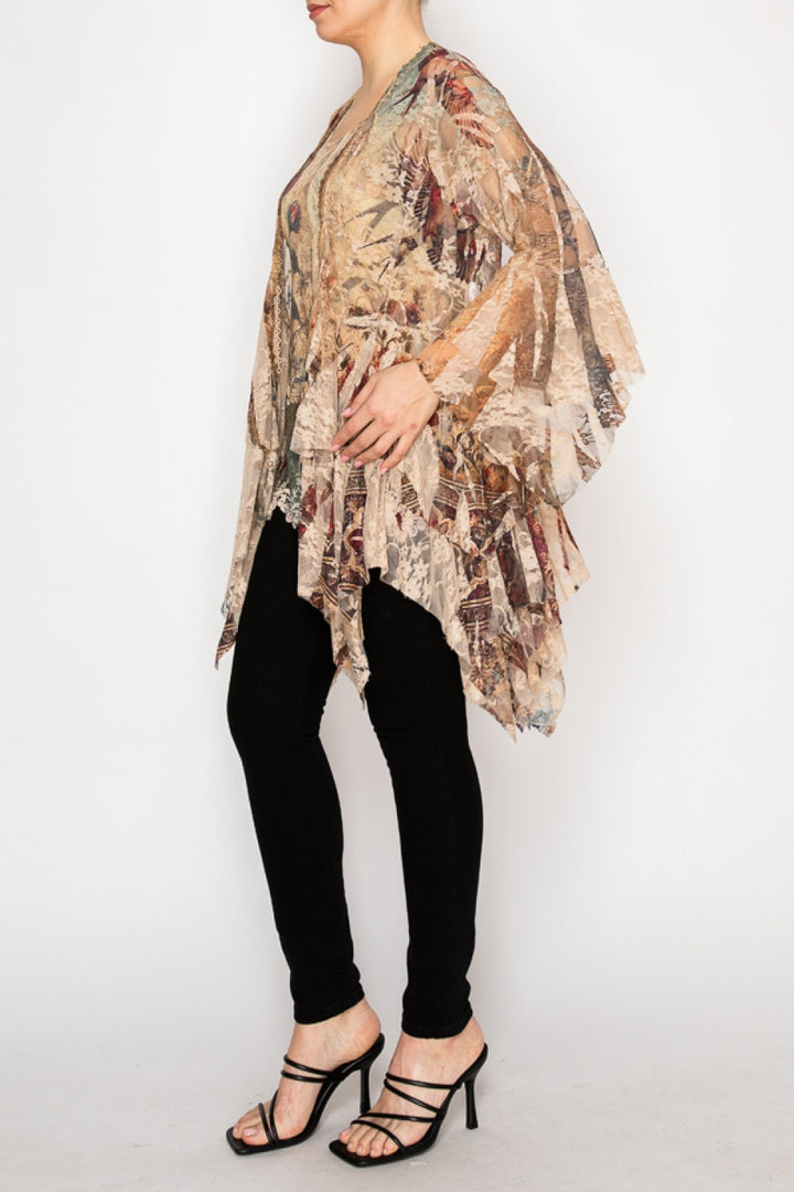 Vintage Bird Lace Cardigan with Tiered Ruffles