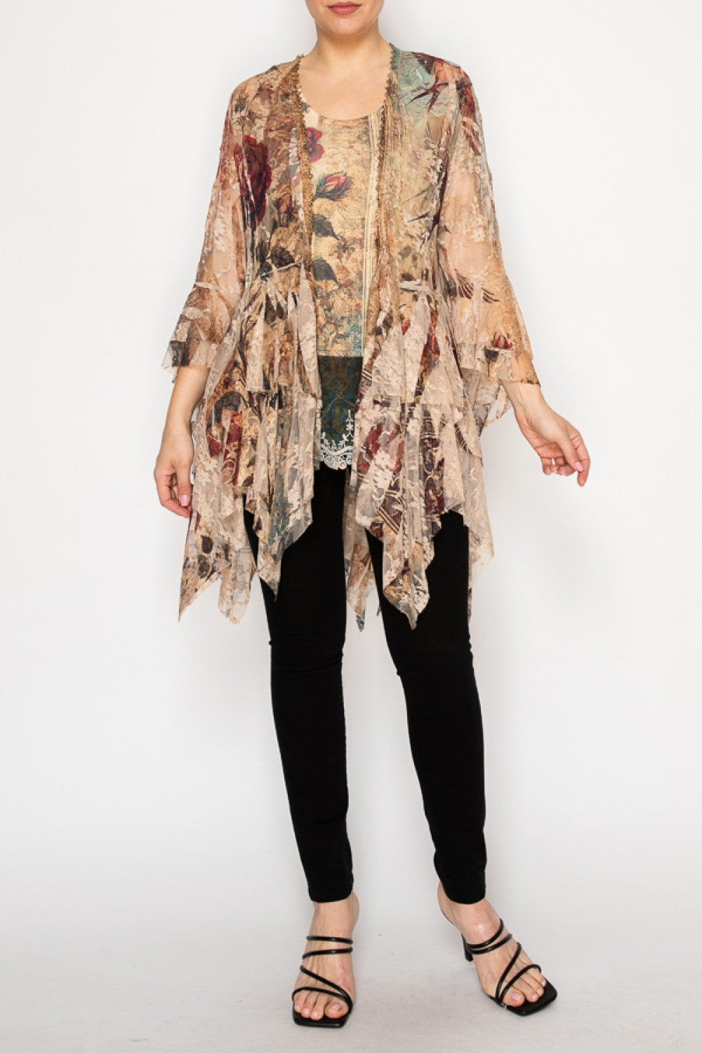 Vintage Bird Lace Cardigan with Tiered Ruffles