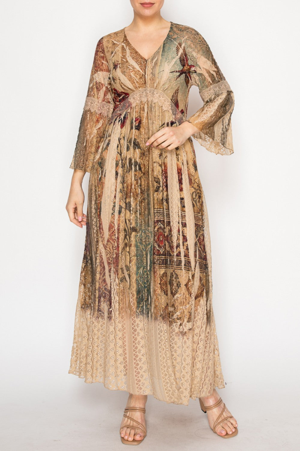 Vintage Bird Print Lace Dress