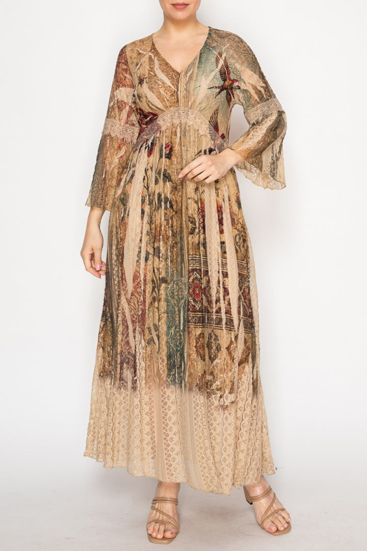 Vintage Bird Print Lace Dress