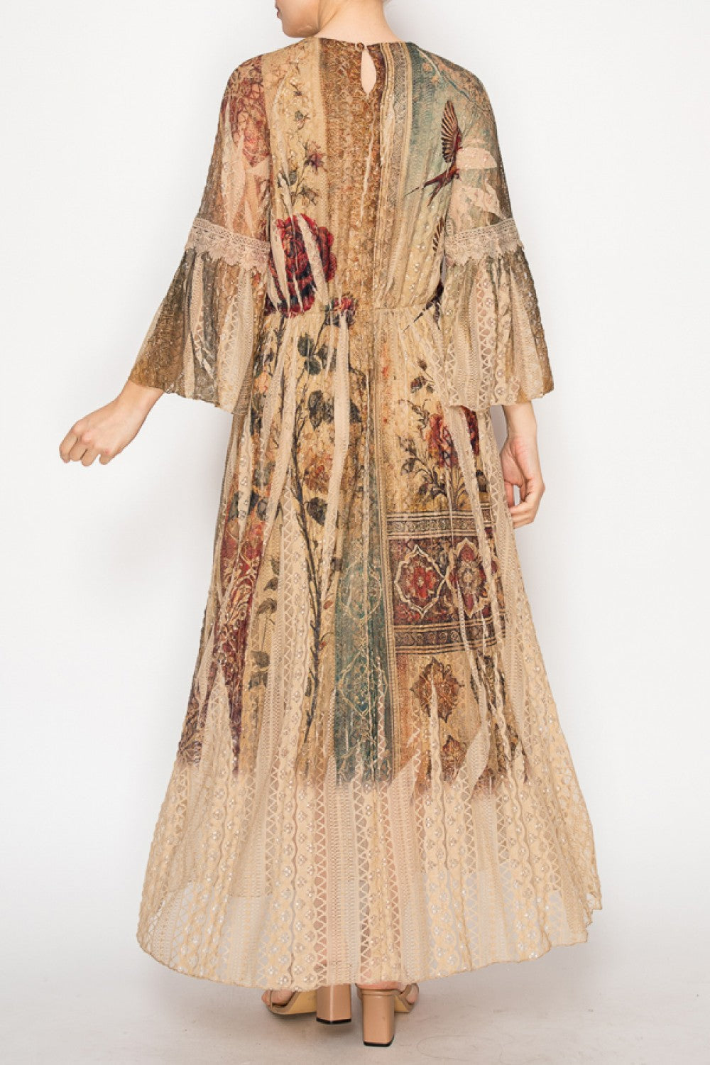 Vintage Bird Print Lace Dress