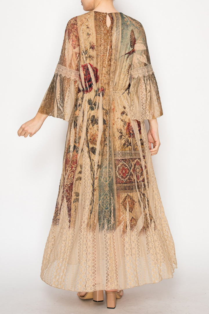 Vintage Bird Print Lace Dress