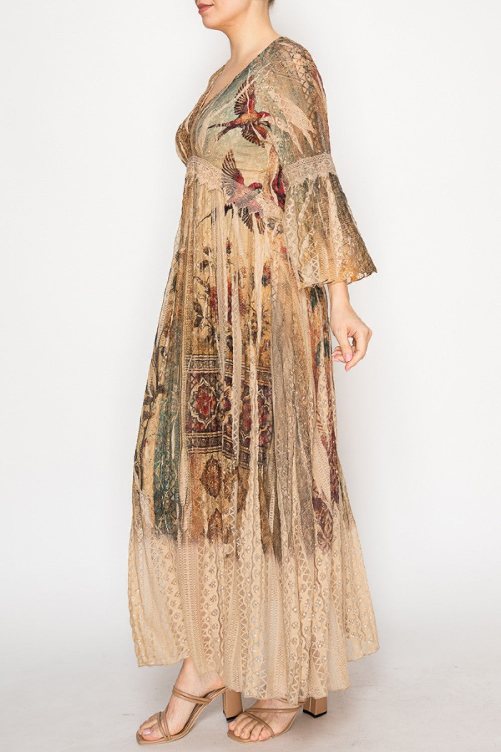 Vintage Bird Print Lace Dress
