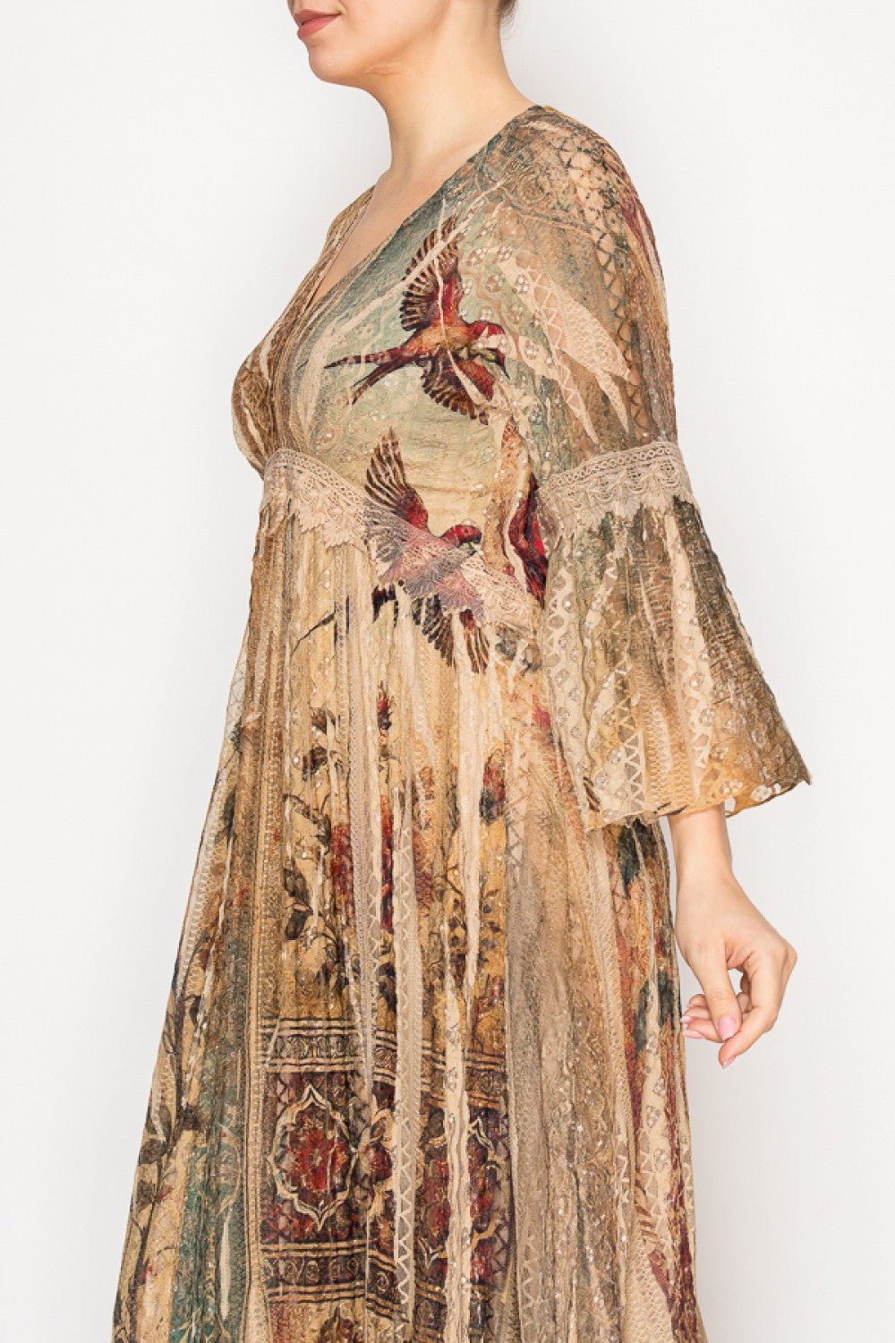 Vintage Bird Print Lace Dress