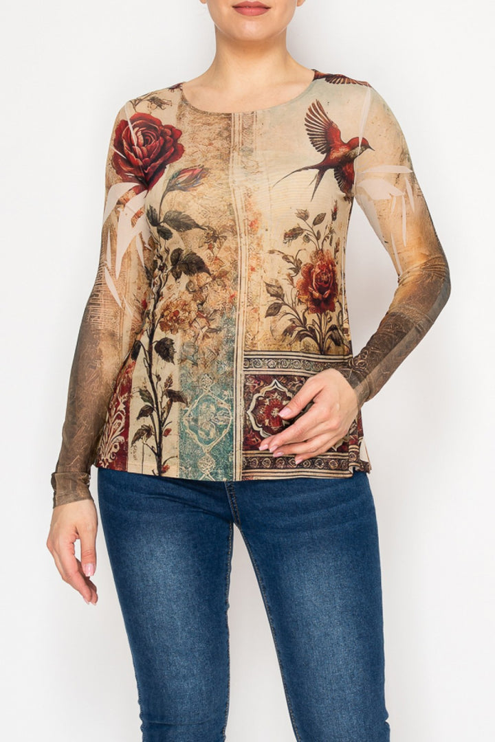Vintage Bird Print Mesh Top