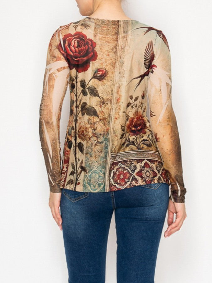 Vintage Bird Print Mesh Top