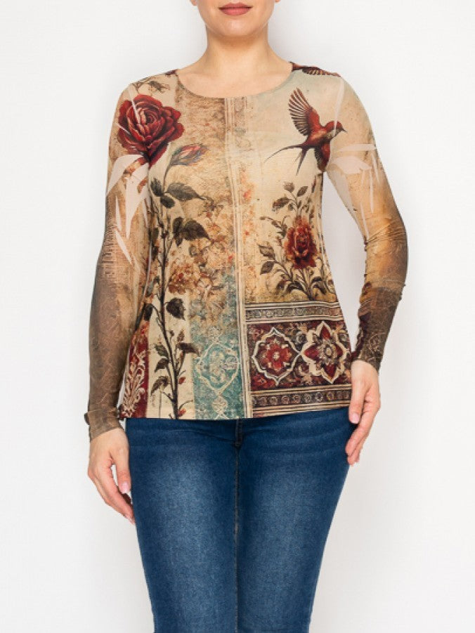 Vintage Bird Print Mesh Top