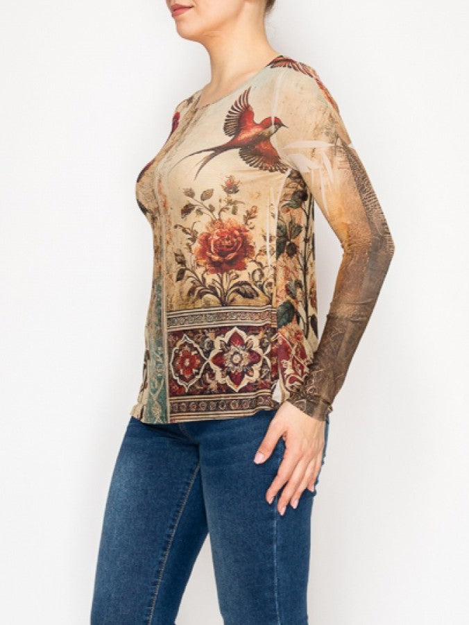 Vintage Bird Print Mesh Top